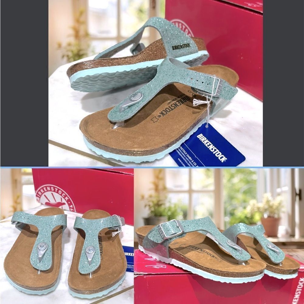 🔥 🆕 BIRKENSTOCK Girls Sandals Green Gizeh Cosmic Sparkle Size 30 US 12 - 12.5